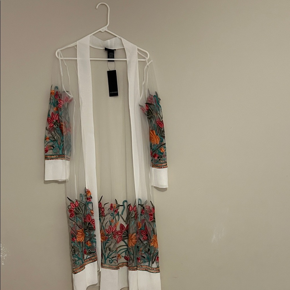Embroidered Long Sleeve Sheer Dress - White with Floral Accents